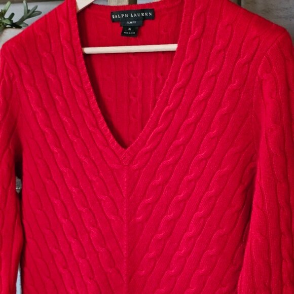 Ralph Lauren Black Label Cashmere Cable-Knit Sweater – Red V-Neck, 100% Cashmere - Picture 3 of 9